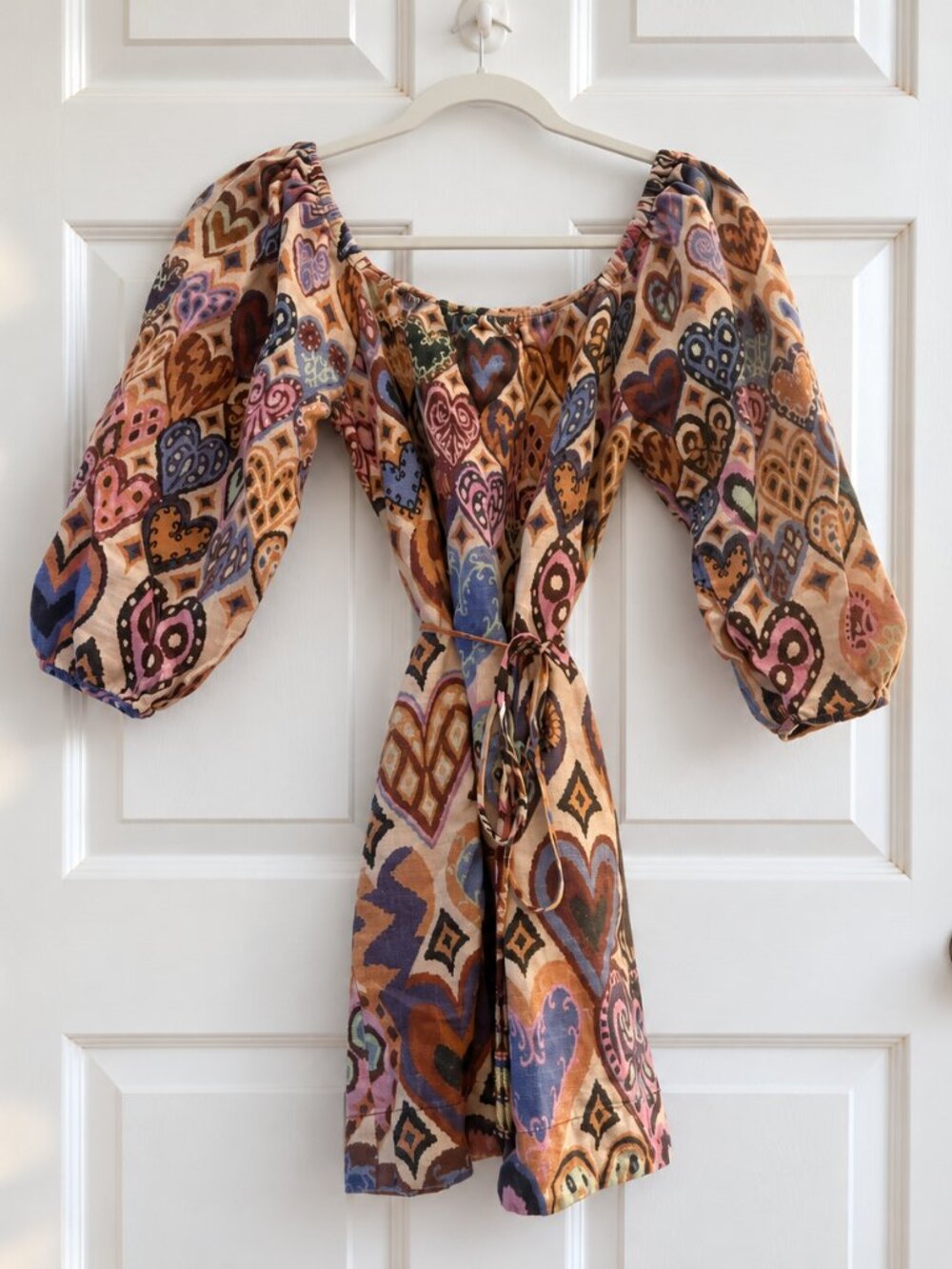 FARM Rio Cream Hearts Ikat Balloon-Sleeve Belted Square-Neck Mini Dress XXS